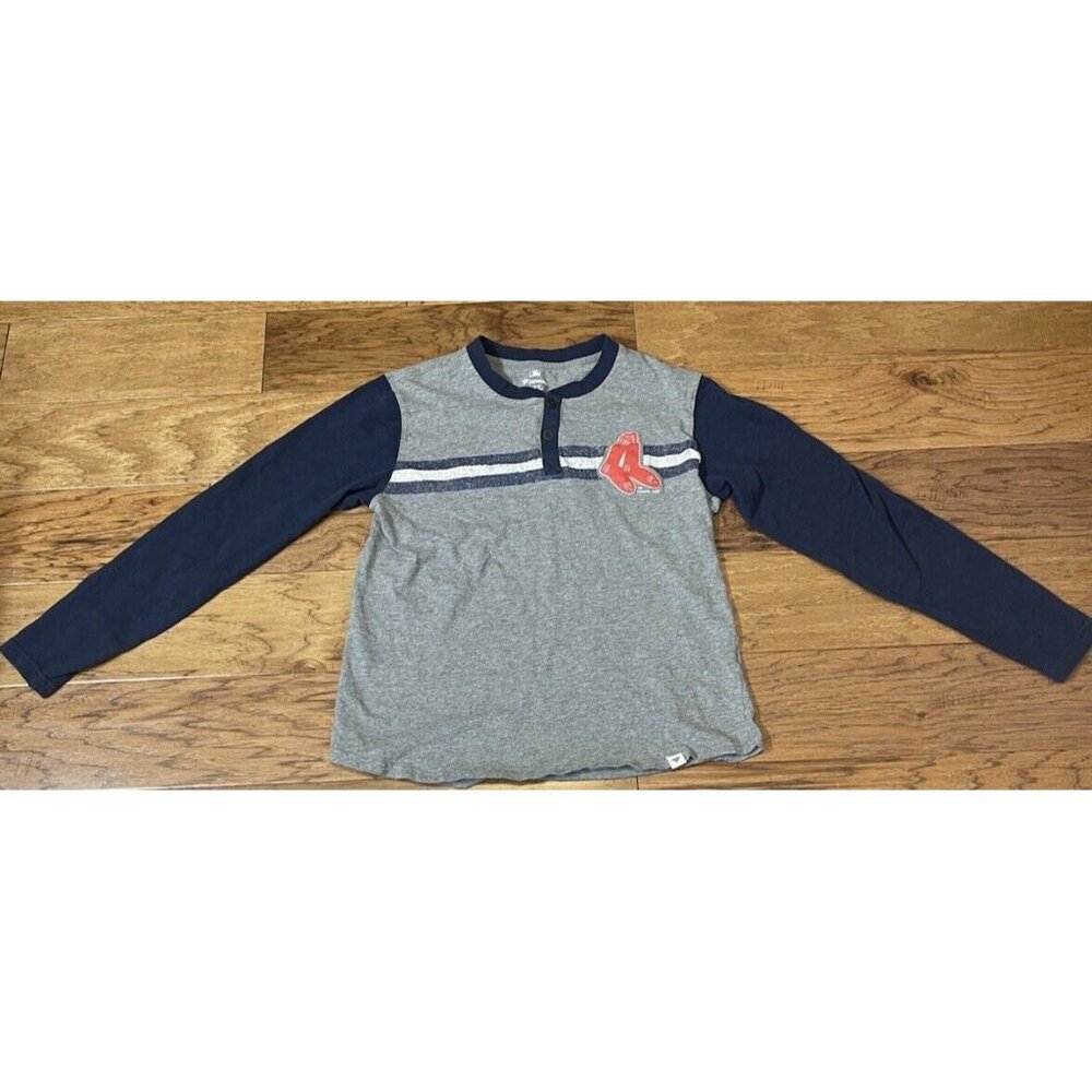 Boston Red Sox Fanatic Distressed  Henley Large MLB Baseball TShirt Gray Blue